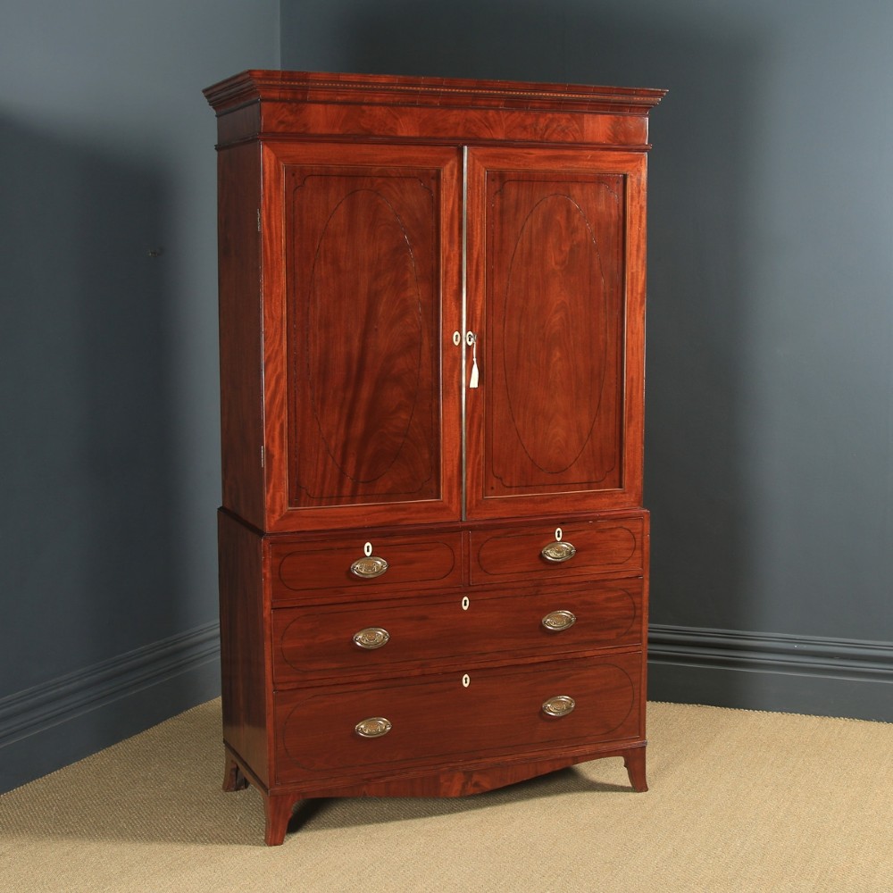 Antique English Georgian Regency Figured Mahogany Inlaid Linen Press Chest Wardrobe (Circa 1820)
