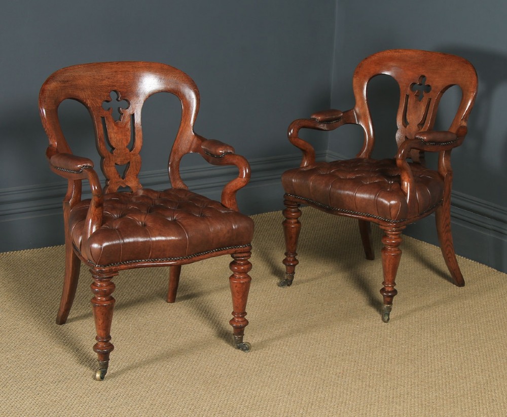 Antique English Pair of Victorian Oak & Brown Leather Office Desk Library Club Armchairs / Chairs (Circa 1860)