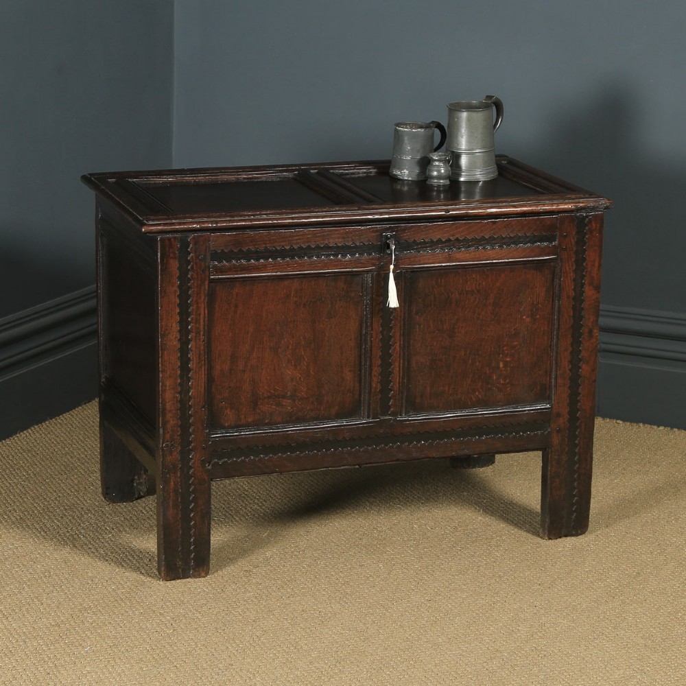 Antique English Charles II Oak Carved Twin Panel Coffer Chest Blanket Box Trunk (Circa 1680)