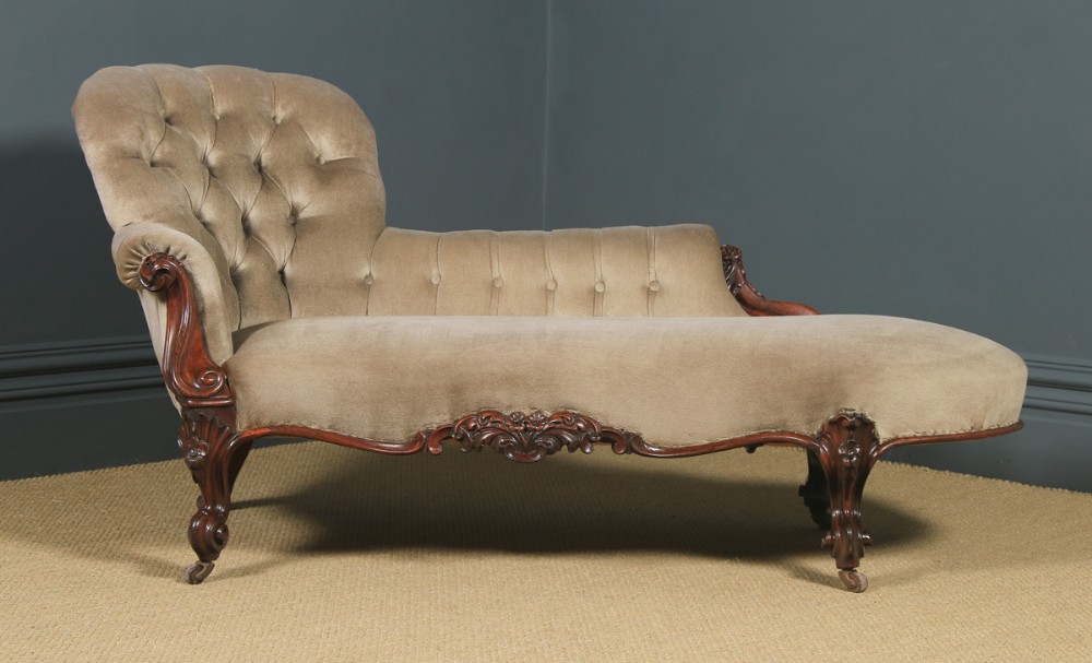Antique English Victorian Rosewood Upholstered Chaise Longue Sofa Couch (Circa 1850)