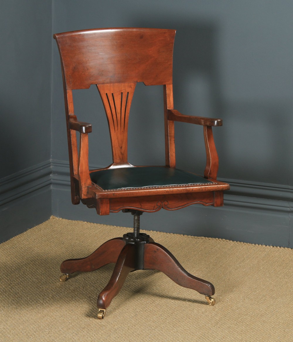 Antique English Edwardian Art Nouveau Ash & Birch Revolving Office Desk Arm Chair (Circa 1910)