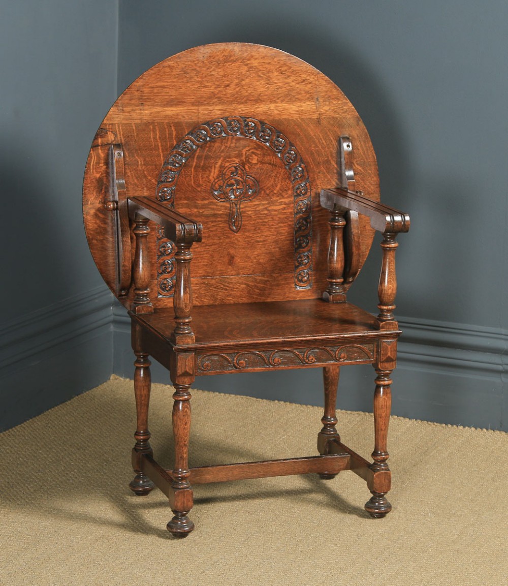 Antique English George V Carved Oak Monks Seat Arm Chair Table (Circa 1910)