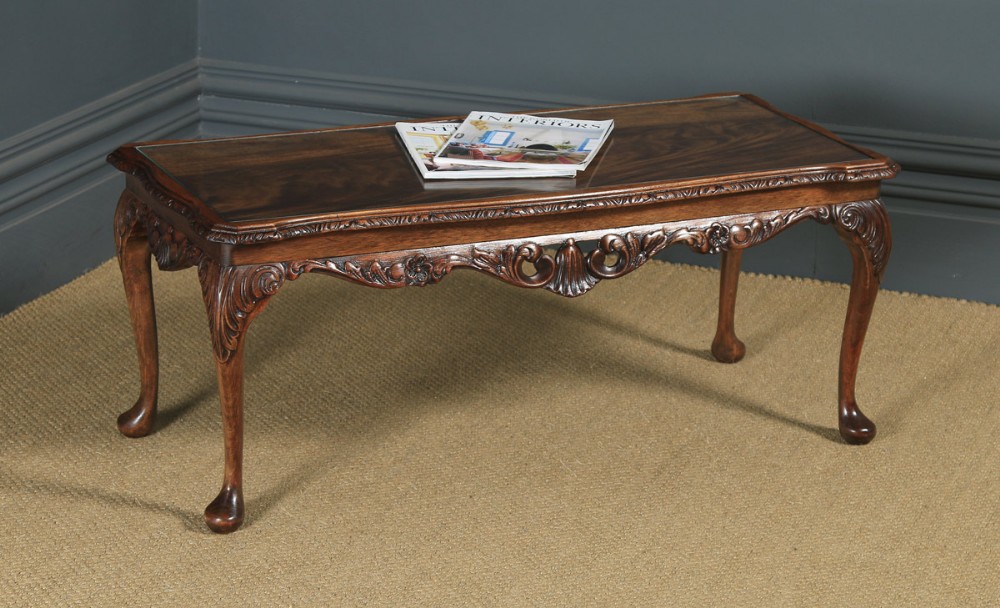 Antique English Queen Anne Style Flame Mahogany & Glass Coffee Table (Circa 1930)