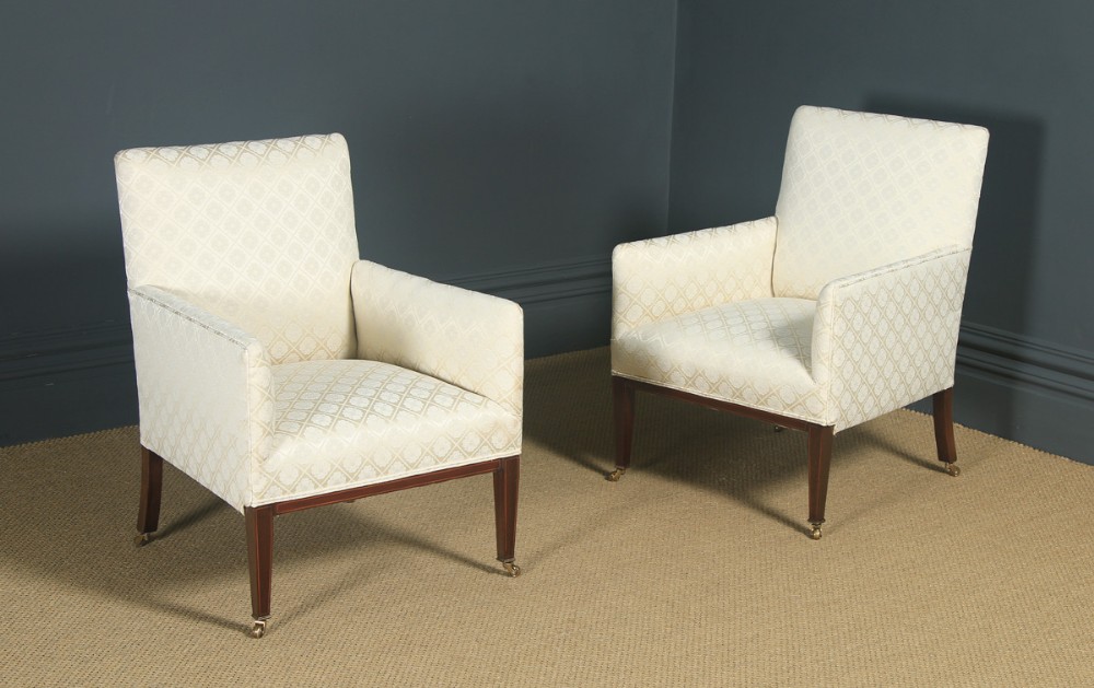 Antique English Pair of Edwardian Sheraton Style Upholstered Mahogany Inlaid Armchairs (Circa 1901)