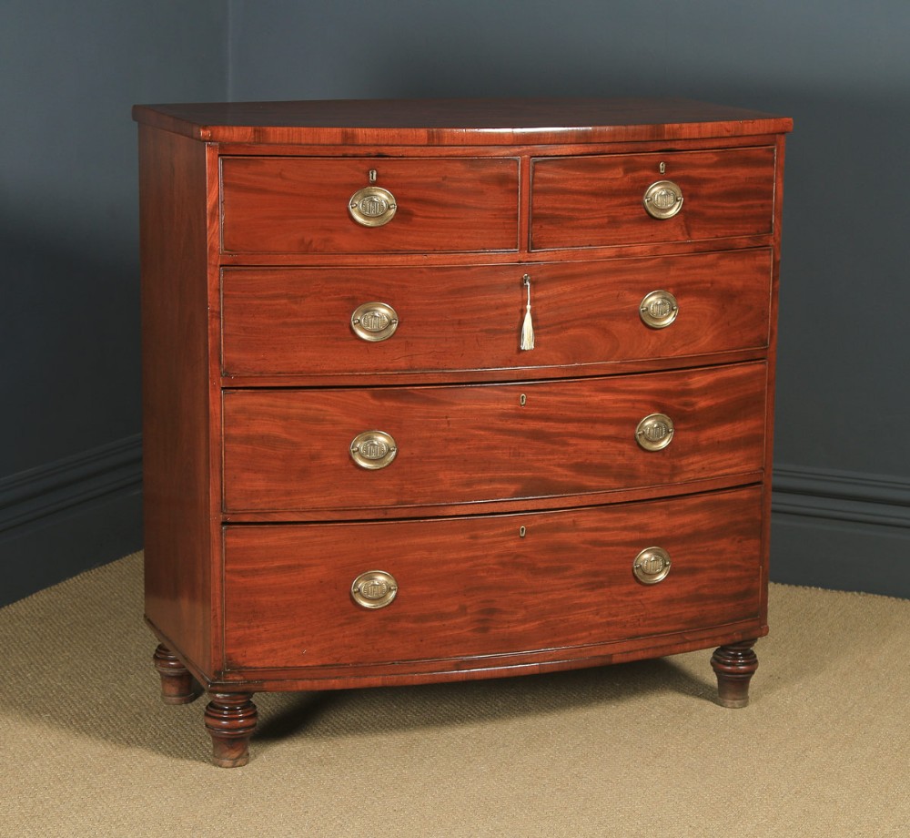 Antique English Georgian Regency Figured Mahogany Bow Front Chest of Drawers (Circa 1820)