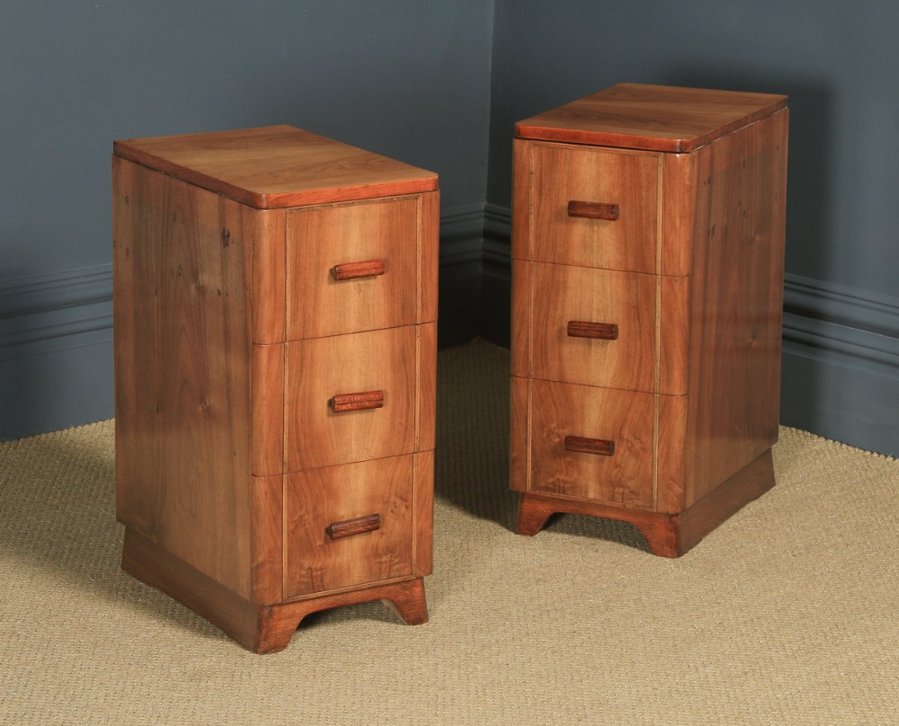 Antique Pair of English Art Deco Figured Walnut Bedside Tables (Circa 1935)