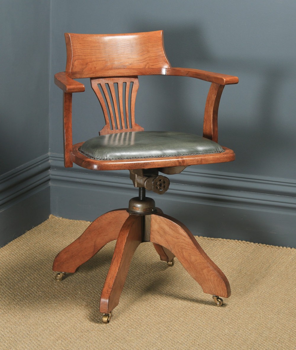 Antique English Edwardian Oak & Pale Green Leather Revolving Office Desk Arm Chair (Circa 1910)