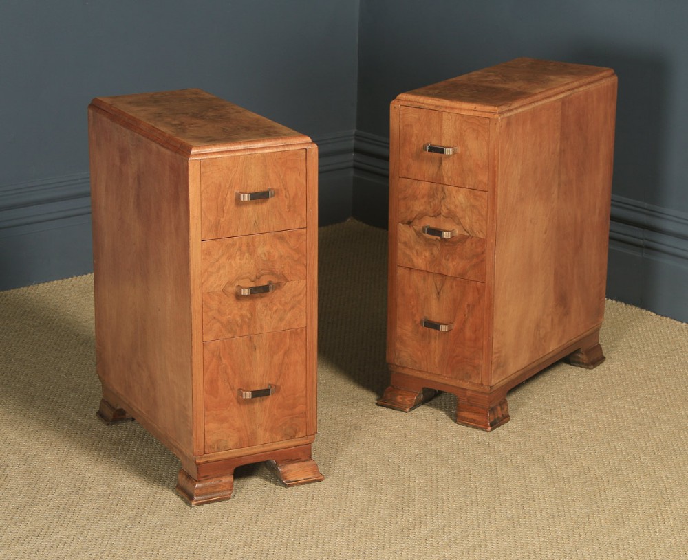 Antique Pair of English Art Deco Figured Walnut Bedside Chest Tables  (Circa 1930)