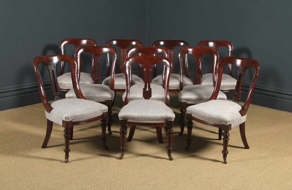 Antique English Victorian Set of Ten 10 Mahogany Bow Back Dining Chairs (Circa 1880)