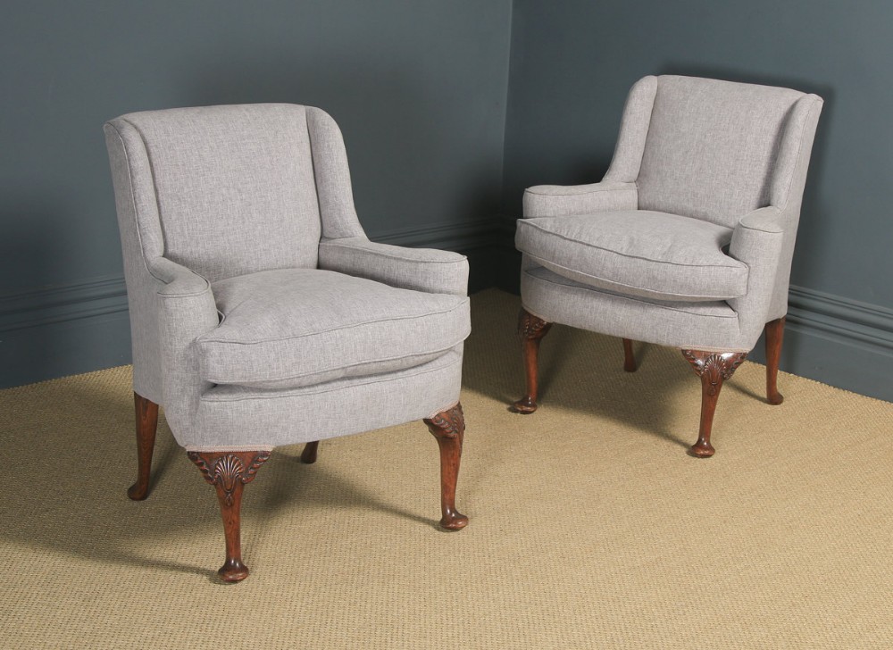 Antique English Pair of Georgian Style Grey Upholstered Beech Arm Chairs (Circa 1900)