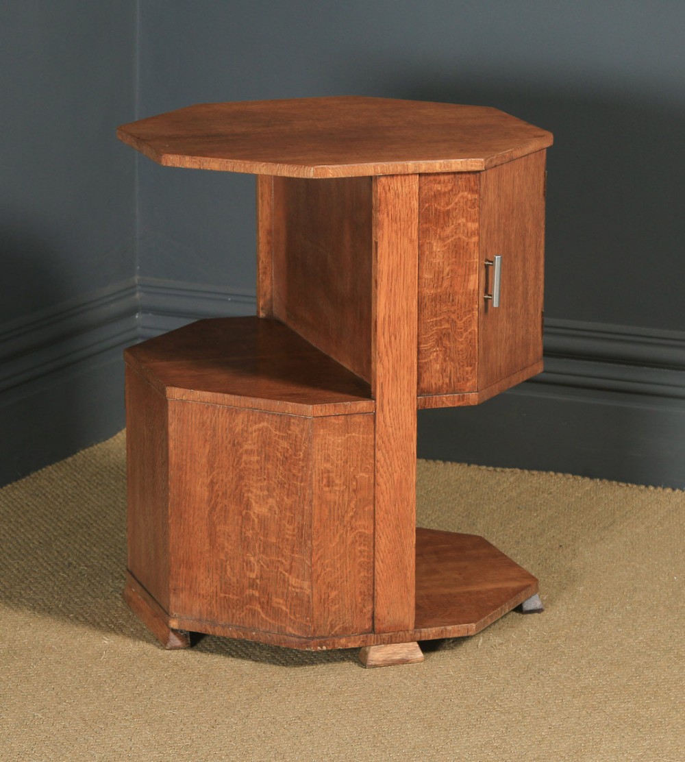 Antique English Art Deco Oak Octagonal Bedside Cabinet Table Nightstand (Circa 1941)