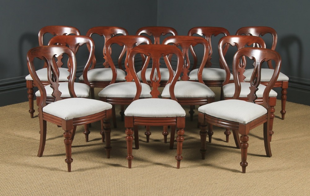 Antique English Victorian Set of 12 Twelve Mahogany Balloon Spear Back Dining Chairs (Circa 1860)
