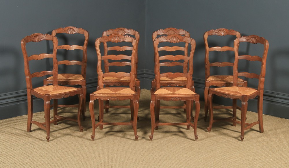 Antique French Set of 8 Eight Louis XV Style Oak Ladder Back Rush Seat Kitchen Dining Chairs (Circa 1920)