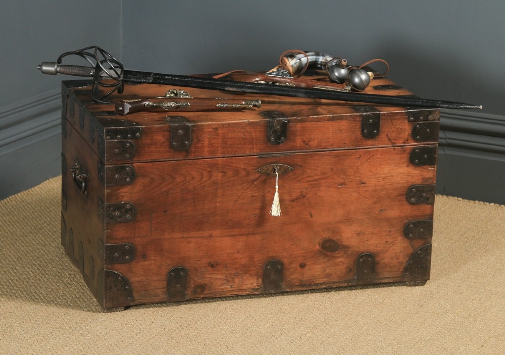 Antique English Victorian Pine & Steel Strapped Zinc Lined Campaign Chest / Trunk (Circa 1850)