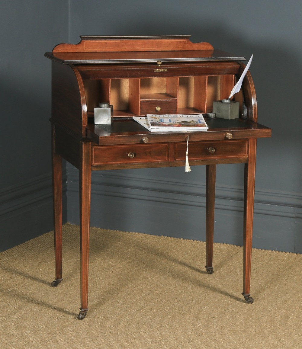 Antique English Edwardian Mahogany & Leather Cylinder Office Roll Top Desk (Circa 1910)