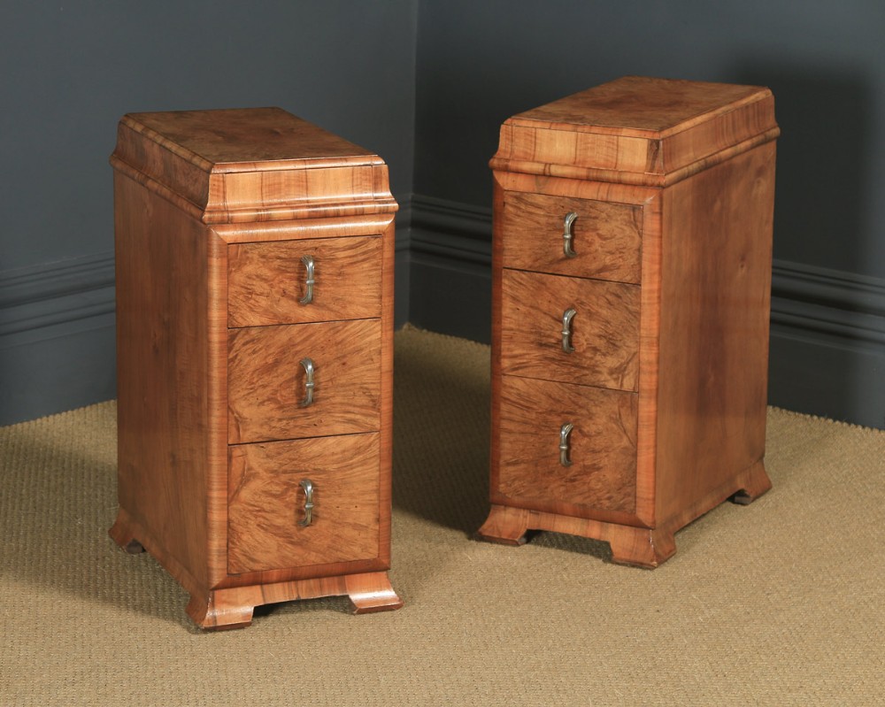 Antique Pair of English Art Deco Figured Walnut Bedside Chests (Circa 1930)