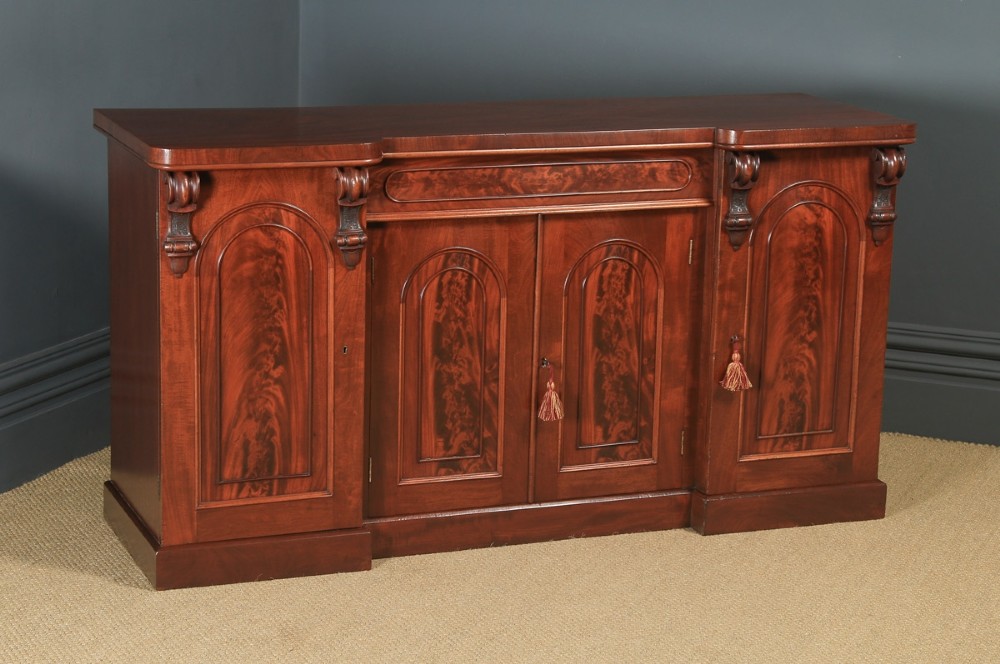 Antique English Victorian Four Door Flame Mahogany Sideboard Chiffonier Server (Circa 1860)