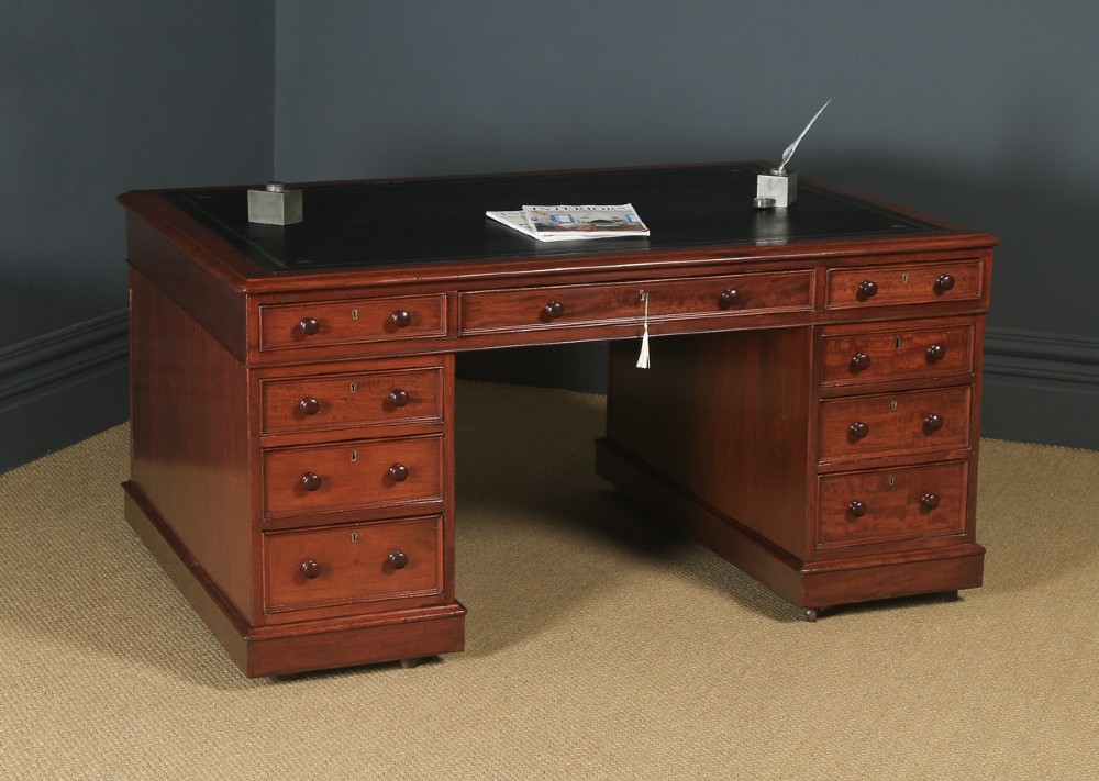 Antique English Victorian Mahogany & Leather 5ft Partner’s Pedestal Office Desk (Circa 1860)