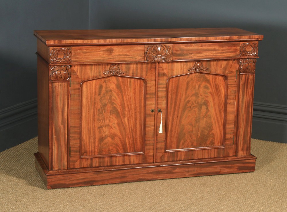 Antique English William IV Two Door Flame Mahogany Sideboard Chiffonier (Circa 1835)