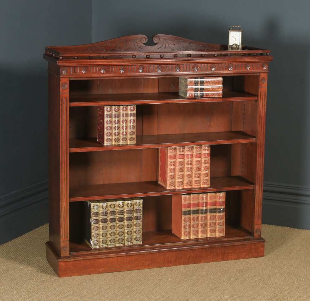 Antique English Victorian Mahogany Carved Open 4ft Bookcase (Circa 1880)