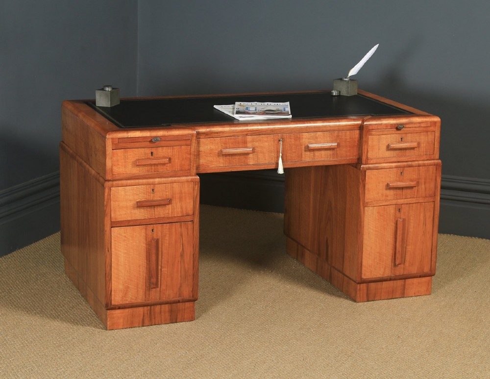Antique English Art Deco Figured Walnut & Black Leather 4½ft Office Pedestal Desk (Circa 1930)