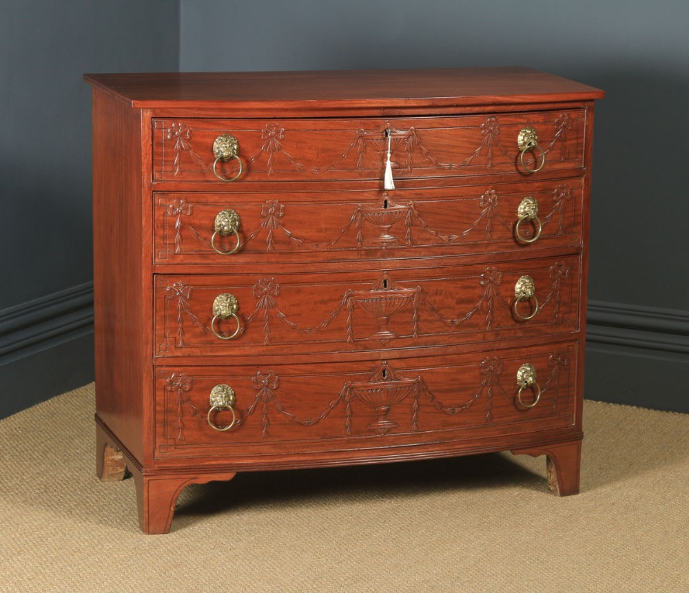 Antique English Georgian Regency Mahogany Bow Front Carved Chest of Drawers (Circa 1820)