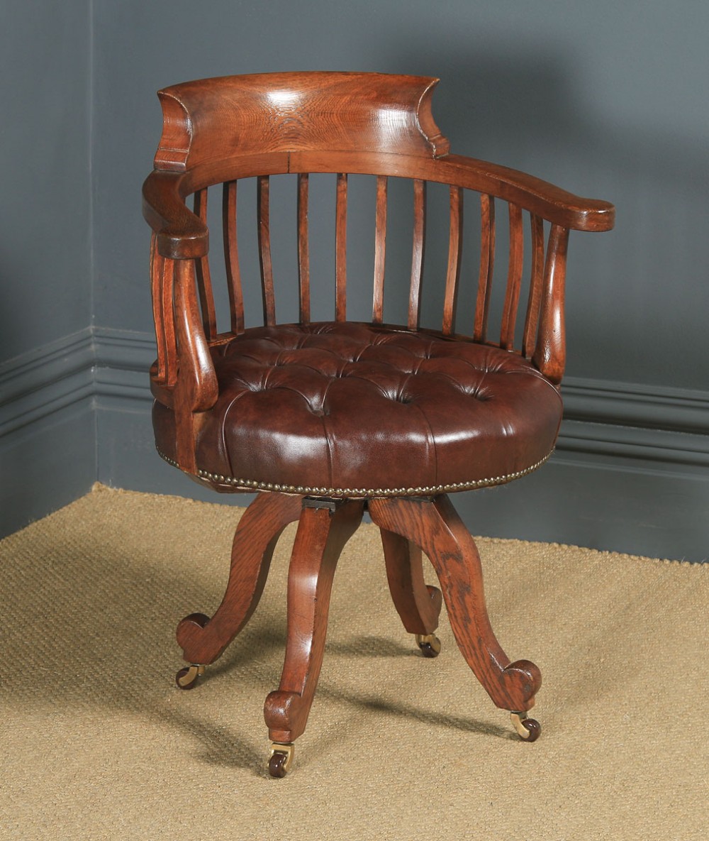 Antique English Victorian Oak & Brown Leather Revolving Office Desk Chair (Circa 1880)