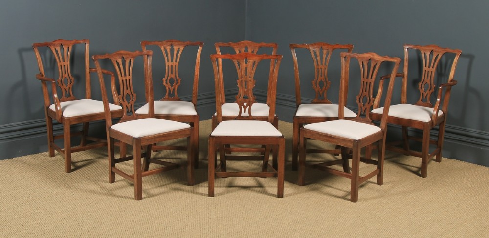 Antique English Set of Eight 8 Georgian Chippendale Style Mahogany Dining Chairs (Circa 1930)