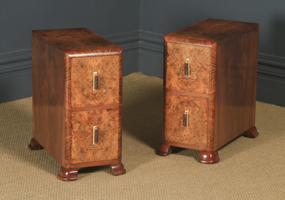 Antique Pair of English Art Deco Burr Walnut Bedside Chest Tables Nightstands (Circa 1930)