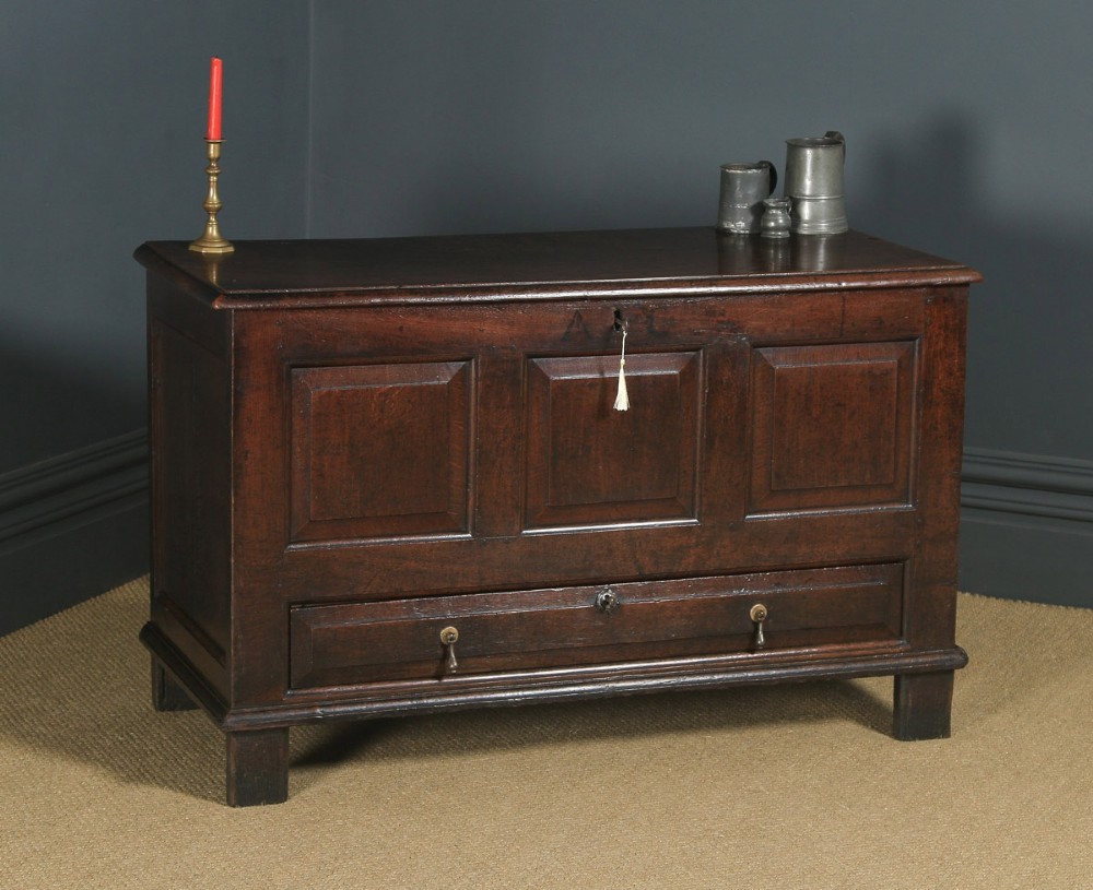 Antique English 18th Century Georgian Oak Geometric Mule Chest Blanket Box Trunk with Drawer (Circa 1730)