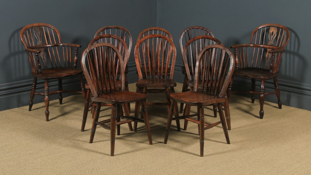 Antique Set of 10 Ten Victorian Ash & Elm Windsor Stick & Hoop Back Kitchen Chairs (Circa 1880 – 1920