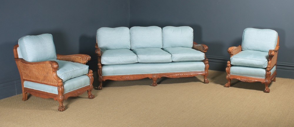 Antique English Edwardian Three Piece Walnut & Cane Aqua Blue Bergere Couch Settee Sofa Lounge Suite (Circa 1910)