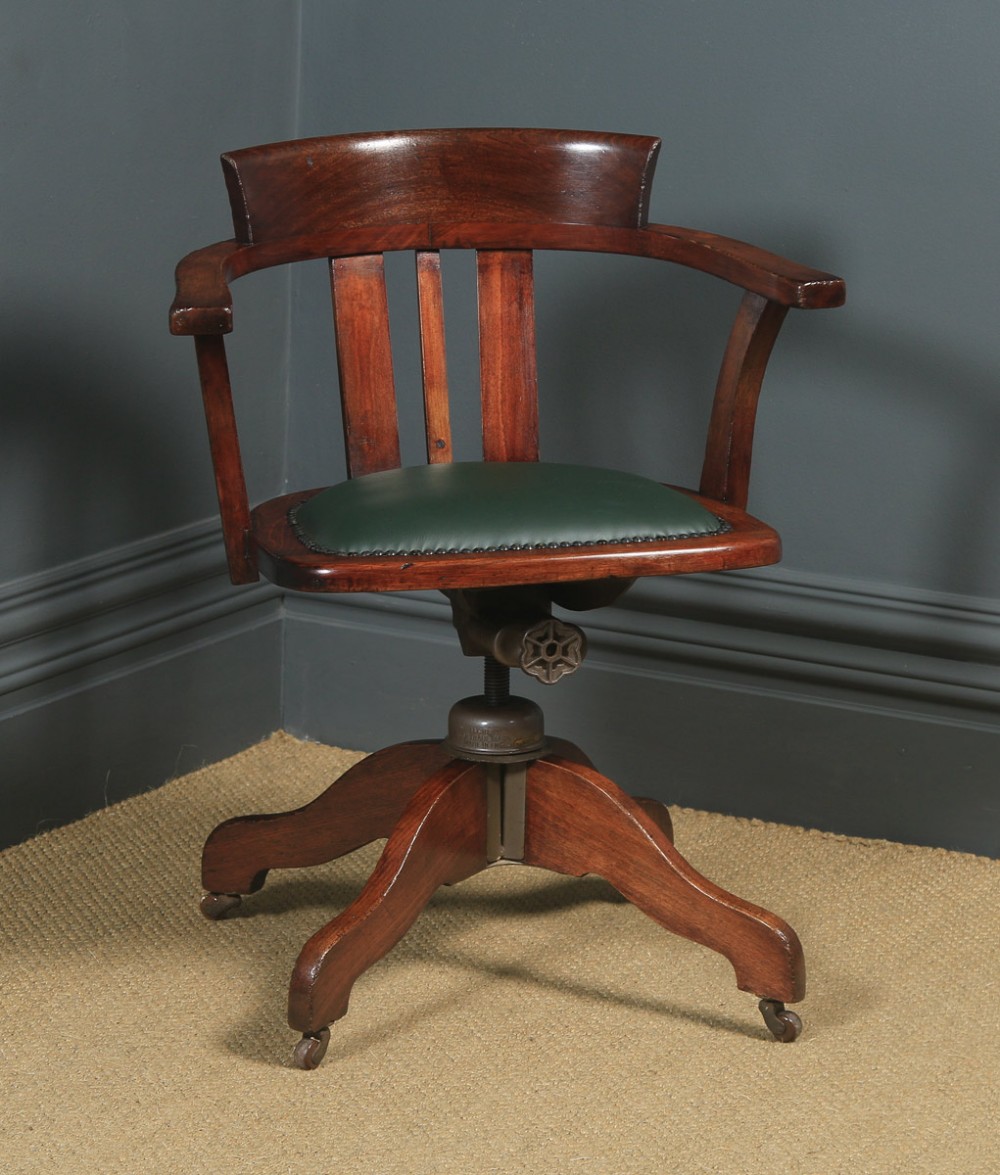 Antique English Edwardian Beech & Leather Revolving Office Desk Arm Chair By A. H. Parker Ltd. (Circa 1910)