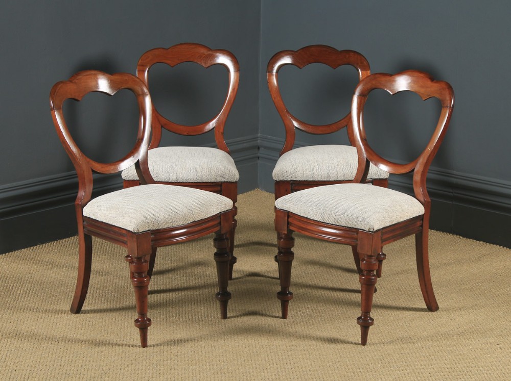 Antique English Victorian Set of 4 Four Mahogany Balloon Crown Back Dining Chairs (Circa 1860)