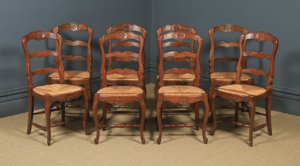Antique French Set of 8 Eight Louis XV Style Oak Ladder Back Rush Seat Kitchen Dining Chairs (Circa 1920 - 1930)