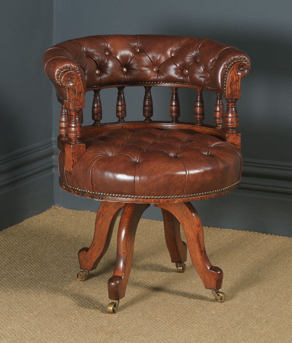 Antique English Victorian Oak & Brown Leather Revolving Office Desk Arm Chair (Circa 1880)