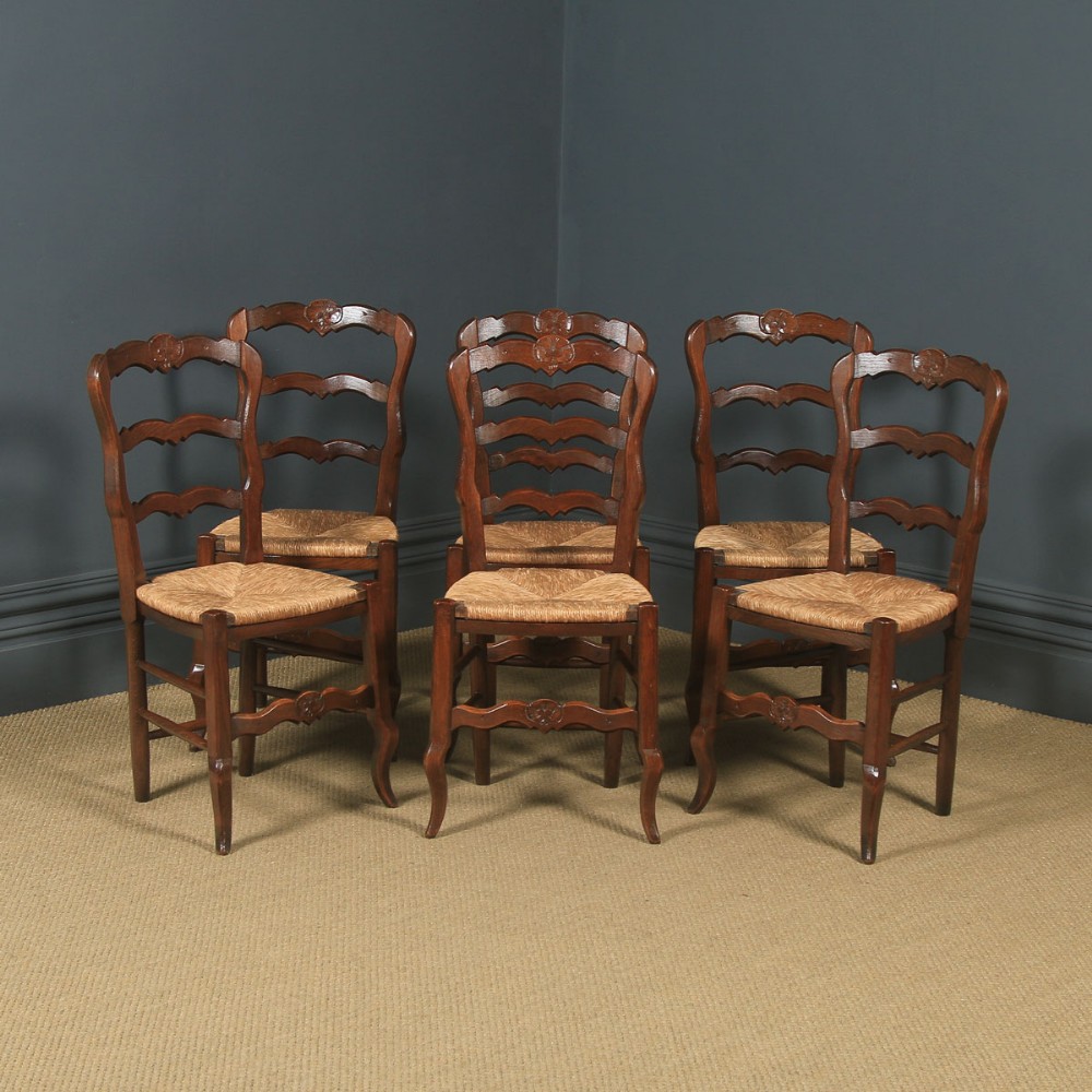 Antique French Set of 6 Six Louis XV Style Oak Ladder Back Rush Seat Kitchen Dining Chairs (Circa 1920)