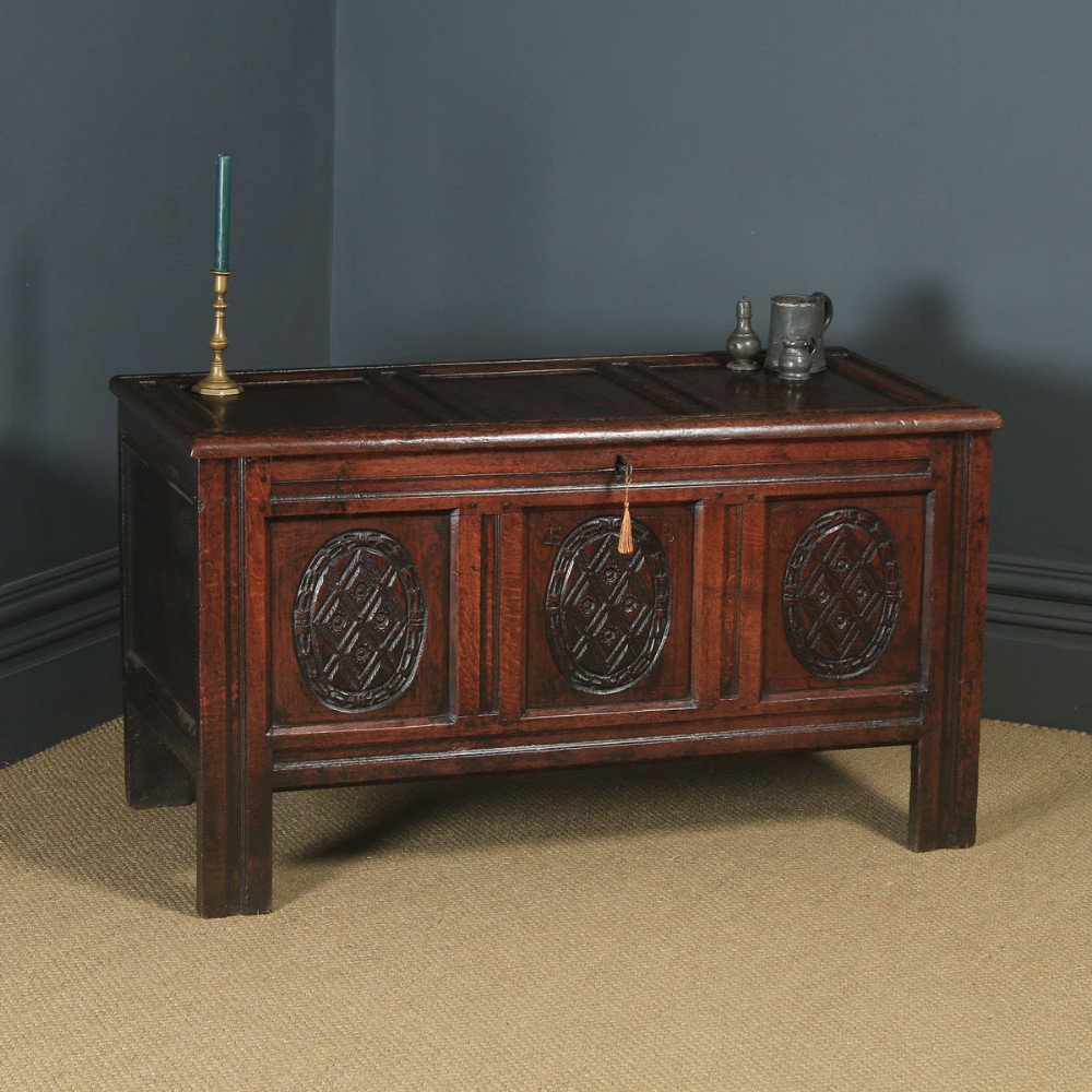 Antique English 17th Century Oak Carved Triple Panel Coffer Chest Blanket Box (Circa 1650)