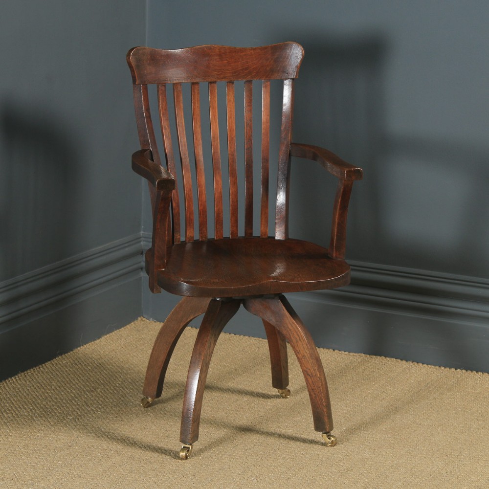 Antique English Edwardian Oak Revolving Office Desk Arm Chair (Circa 1910)