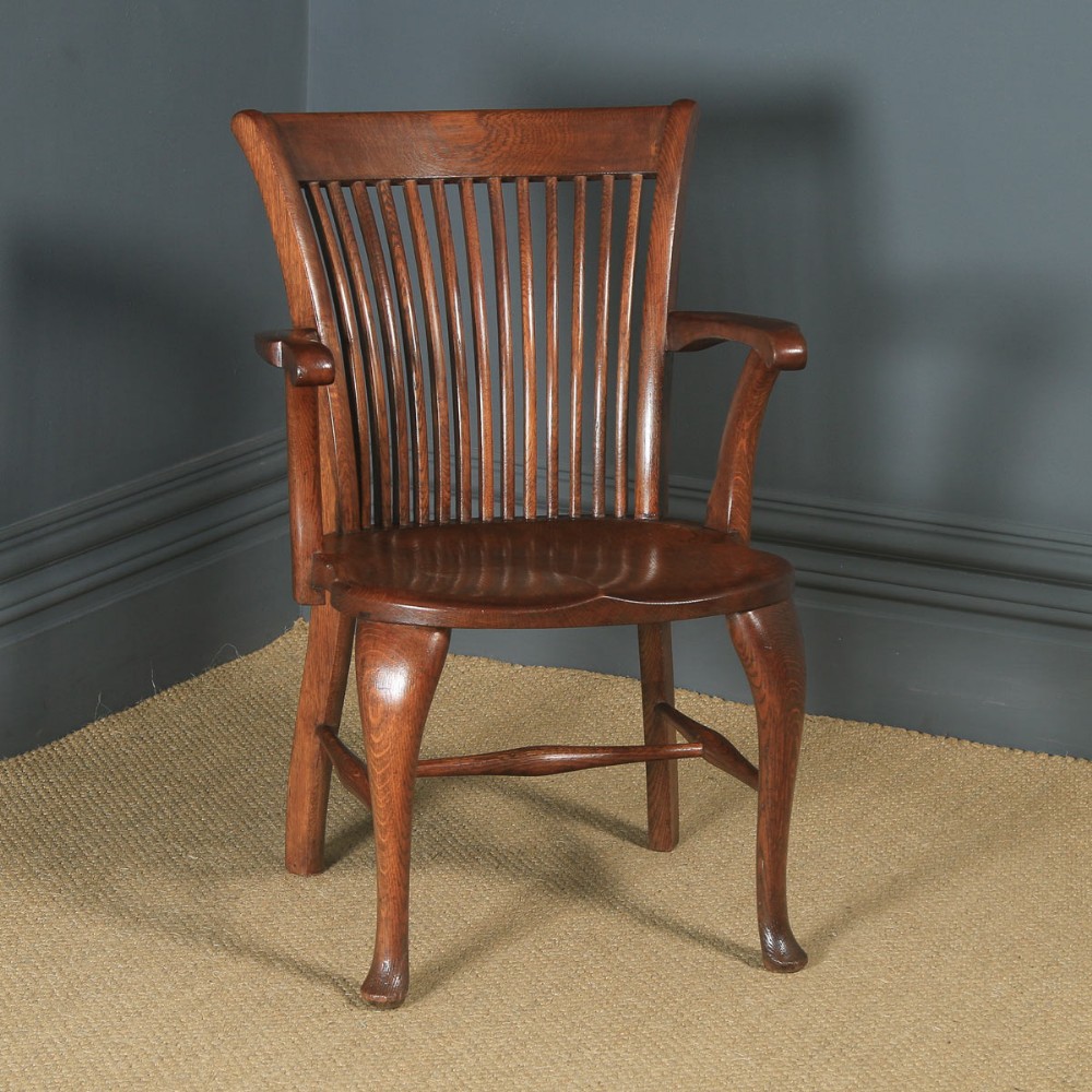 Antique English Edwardian Oak Fan Back Office Desk Arm Chair (Circa 1910)