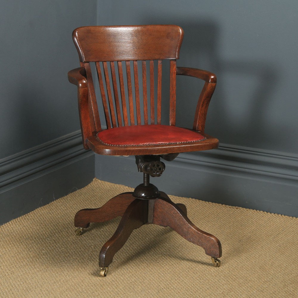 Antique English Edwardian Oak & Red Leather Revolving Office Desk Arm Chair (Circa 1910)