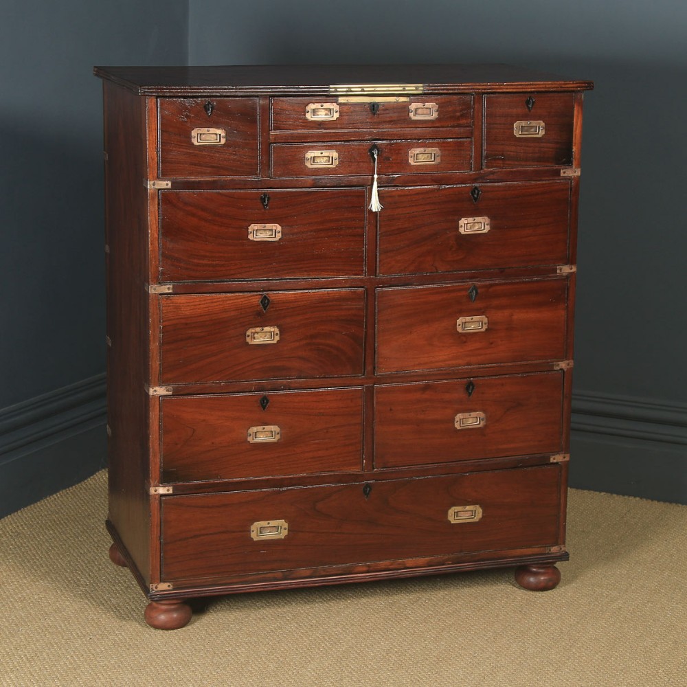 Antique Anglo-Indian Victorian Teak & Brass Military Campaign Chest of Drawers (Circa 1860)