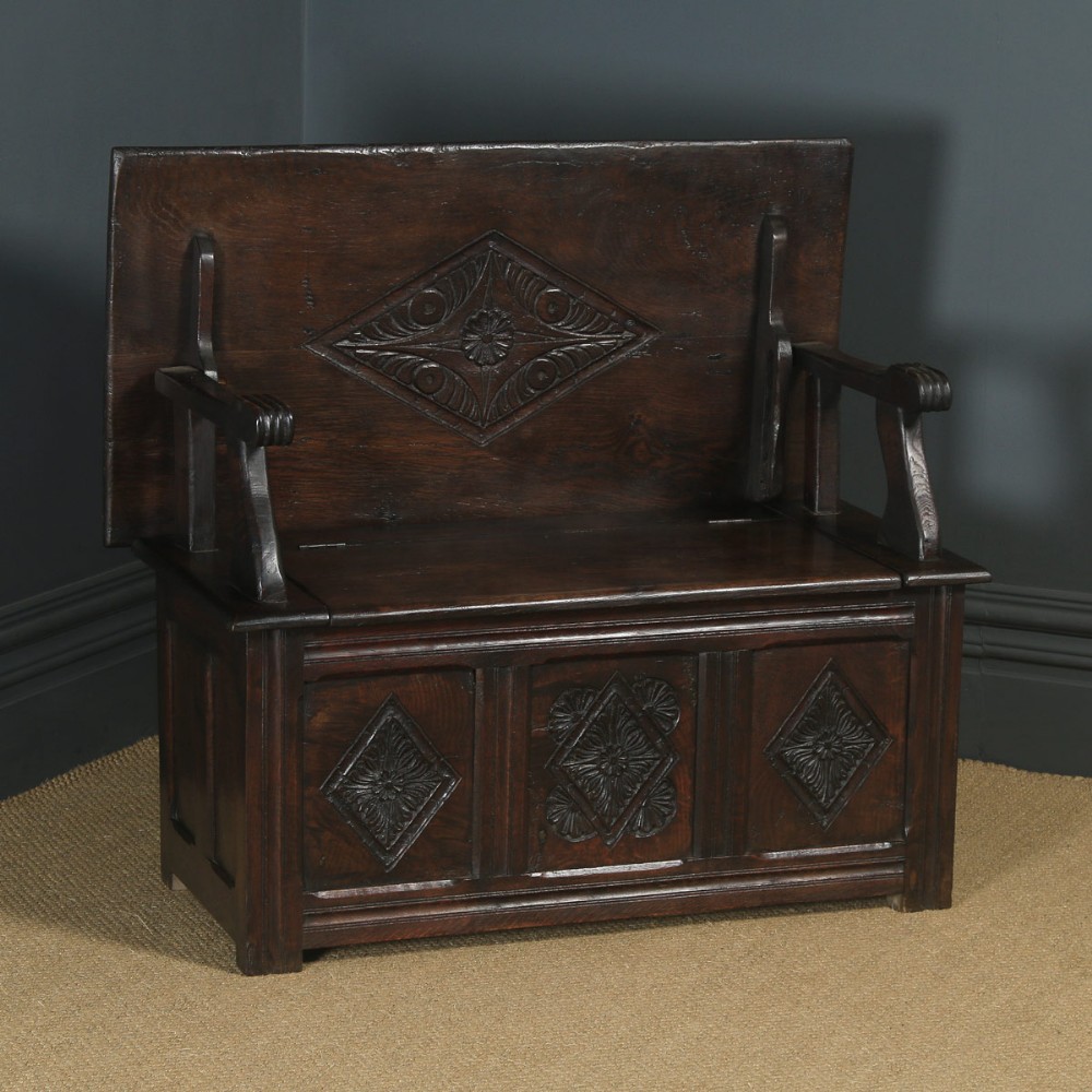Antique English 17th Century Style Victorian Carved Oak Monks Bench Table (Circa 1880)