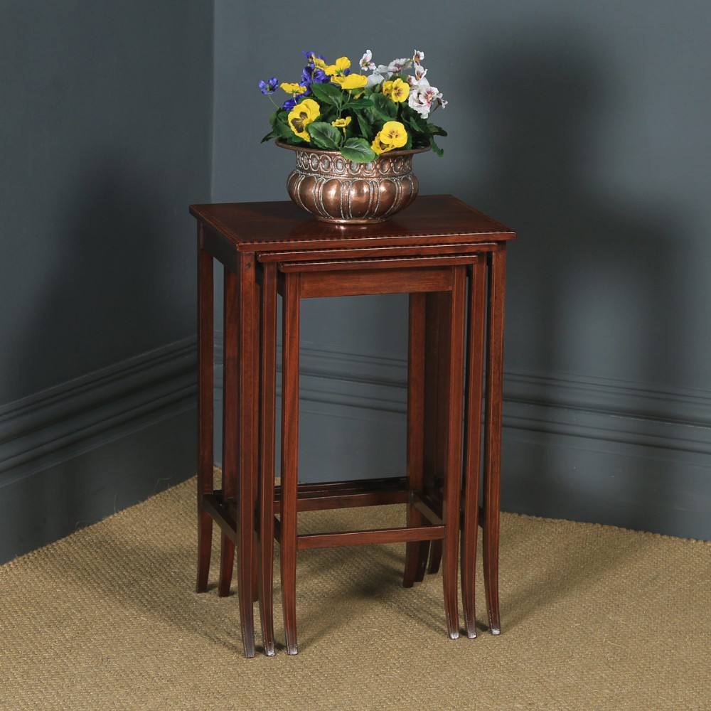 Antique English Edwardian Regency Style Mahogany Inlaid Nest of Three 3 Tables (Circa 1910)