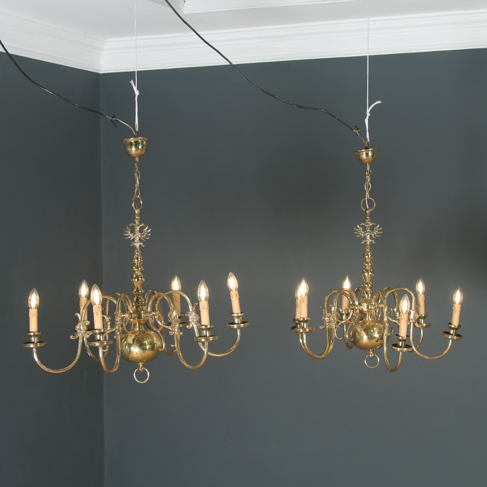 Antique Pair of Flemish 19th Century Electrical Brass Six Light Chandeliers (Circa 1900) 