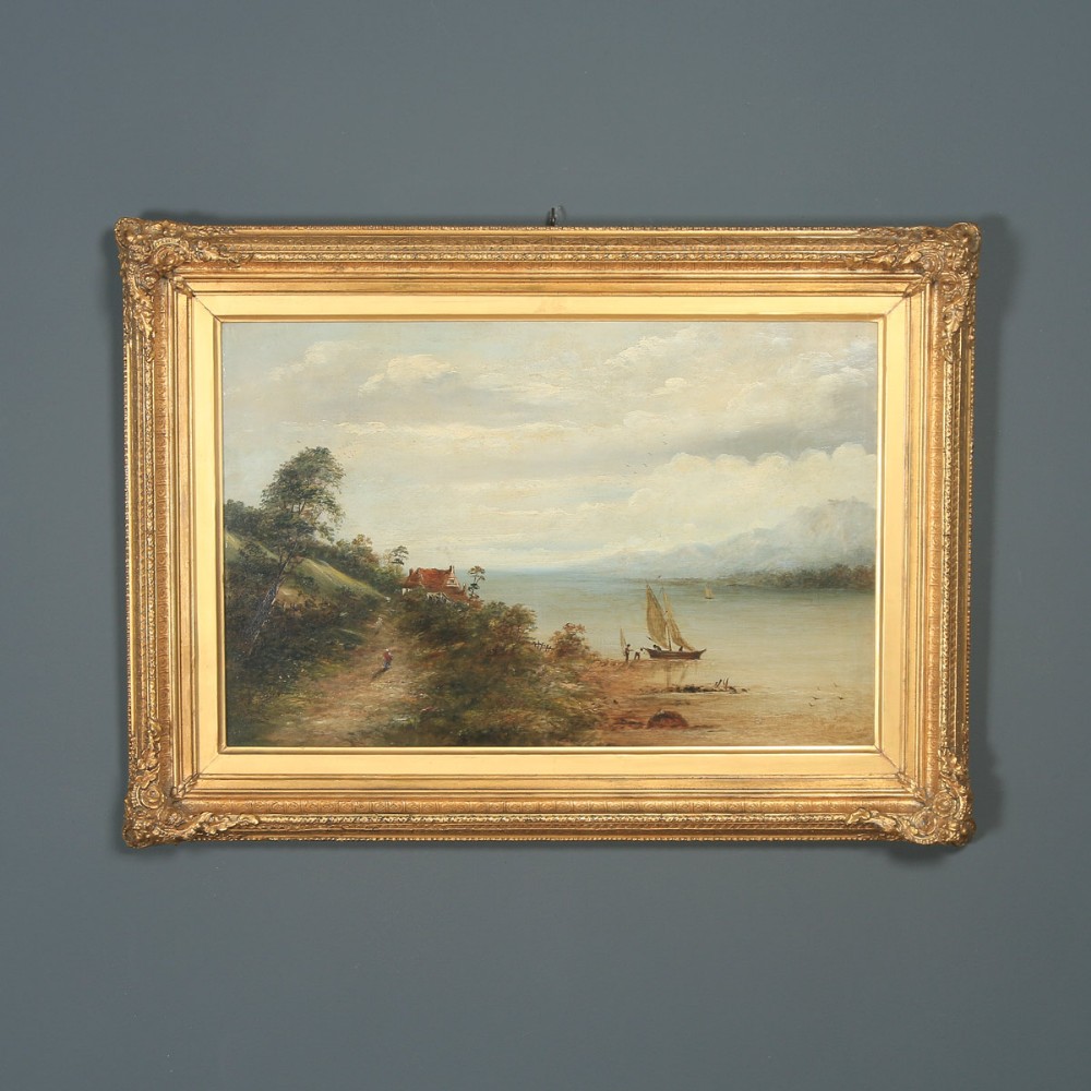 Antique English Victorian Oil Painting of a Coastal Seascape Fishing Boat Scene Believed to by Tuck (Circa 1850)