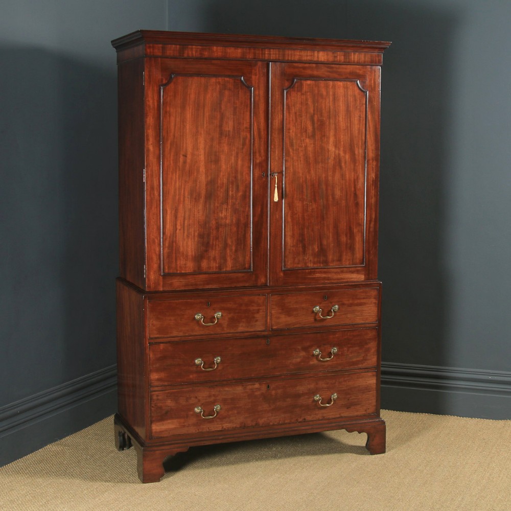 Antique English Georgian Figured Mahogany Linen Press Wardrobe Armoire (Circa 1780)