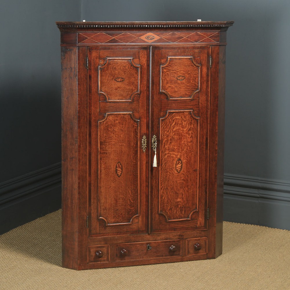 Antique English Georgian Oak & Mahogany Inlaid Wall Hanging Corner Cupboard / Cabinet (Circa 1800)