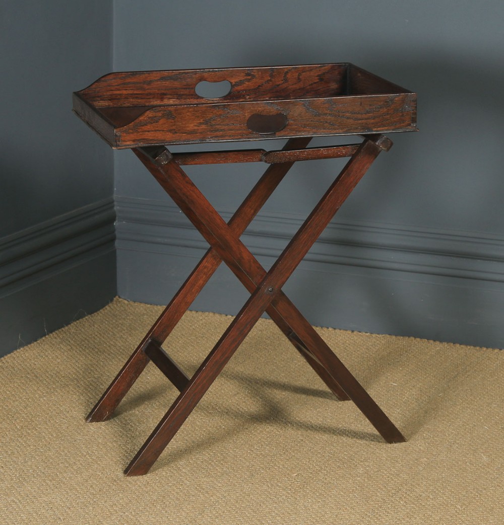 Antique English Victorian Oak Butlers Drinks Tray Table & Stand (Circa 1900)