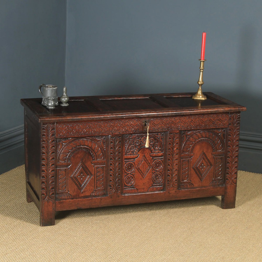 Antique English Late 17th Century Oak Carved Triple Panel Coffer Chest Blanket Box (Circa 1680)